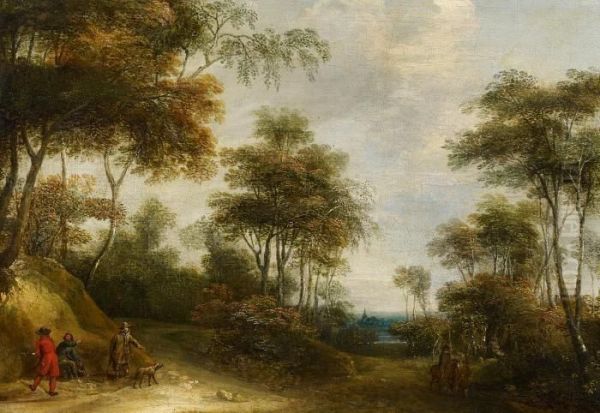 Flemish Woodland Landscape With Walkers Oil Painting by Lucas Van Uden