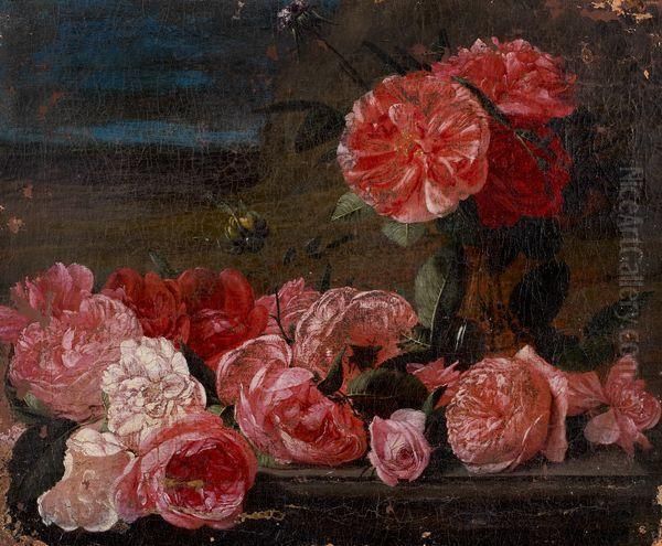 Roses Sur Un Entablement Oil Painting by Nicolas Van Veerendael