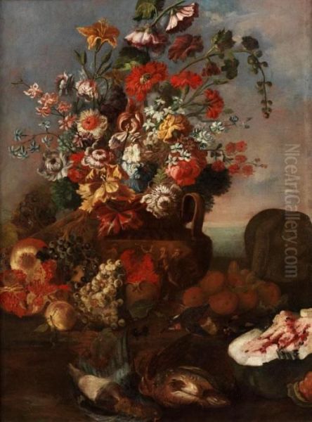 Grosses Blumenstilleben Mit Obst Und Erlegten Wildvogeln Oil Painting by Karel Van Vogelaer, Carlo Dei Fiori