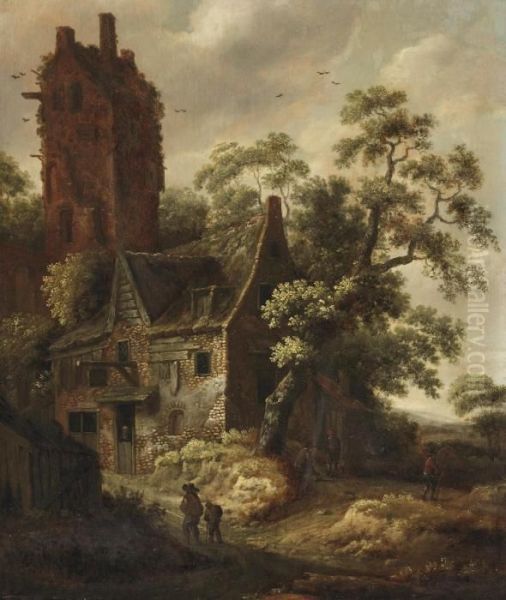 Figures Travelling On A Path Near A Cottage, A Ruined Tower Beyond by Roelof van Vries