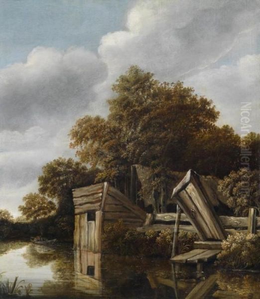 A Farmhouse By A River Oil Painting by Roelof van Vries