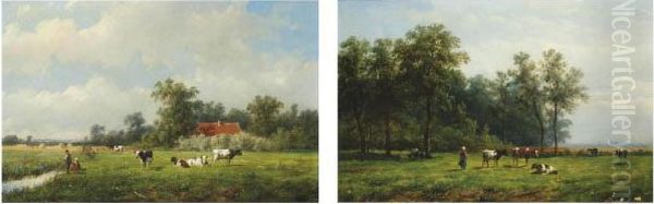 Fishing In A Dyke; And Tending To Cattle In A Pastoral Landscape Oil Painting by Anthonie Jacobus Van Wyngaerts