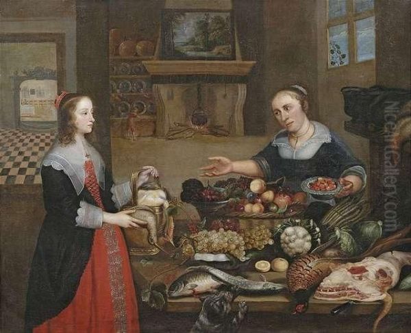 Kucheninterieur Mit Einer Dame Und Einer Dienstmagd Oil Painting by Bartholomeus Van Winghen