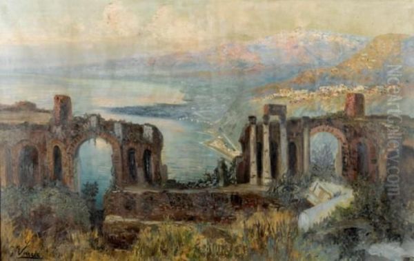 Das Antike Theater Von Taormina Mit Blick Auf Den Atna Oil Painting by Gerelamo Varese