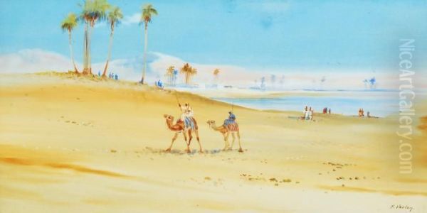 Camels In The Desert Coastal Town And Palm Trees Oil Painting by Albert Fleetwood Varley