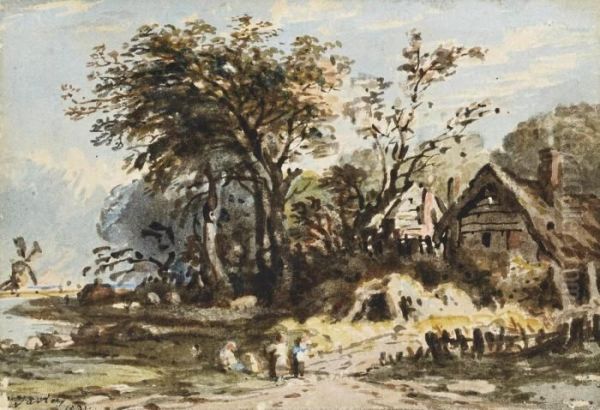 Figures On A Riverbank Before A 
Cottage, A Windmill Beyond (illustrated); And Figures On The Edge Of A 
Lake Before A Ruined Castle Oil Painting by John Varley