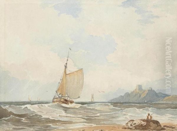 Fishing Boats Running Inshore Off Bamburgh Castle, Northumberland Oil Painting by John Varley