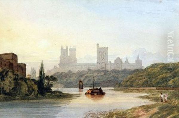 Hay Barge On A River With Cathedral To Distance Oil Painting by John Varley