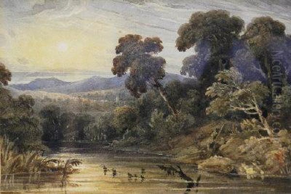 An Extensive Wooded River Landscape At Sunset Oil Painting by John Varley