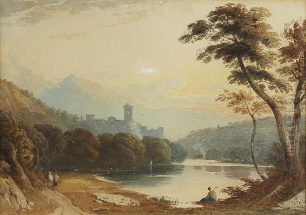 An Italianate Lakeside View Oil Painting by John Varley