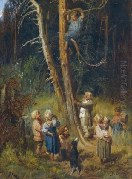 Children Raiding Nests In The Forest Oil Painting by Viktor Vasnetsov