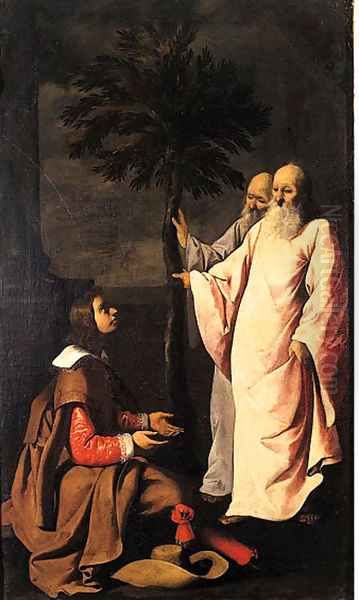 A young Gentleman kneeling before two elders Oil Painting by Francisco De Zurbaran