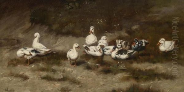 Ducks On The Bank Of A Stream Oil Painting by Geza Vastagh