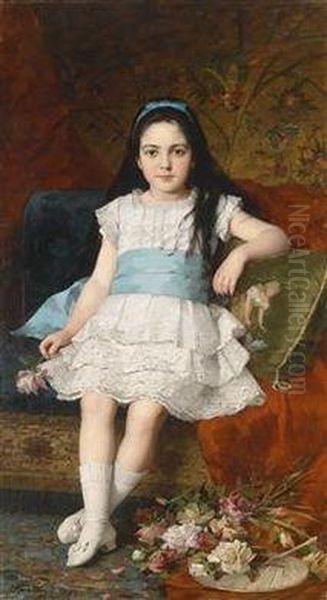 Portrait Of A Girl In A White Dress With Blue Sash And Roses Oil Painting by Gyorgy the Elder Vastagh