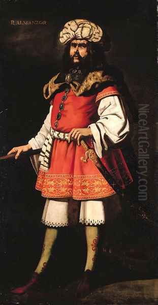 Portrait of King Almanzor, full-length, in a red tunic and fur cape, a sword in his left hand Oil Painting by Francisco De Zurbaran