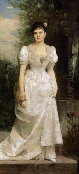 White - Dressed Lady Holding A Flower Oil Painting by Gyorgy the Elder Vastagh