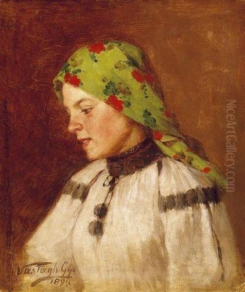 Woman In Green Head-scarf Oil Painting by Gyorgy the Elder Vastagh