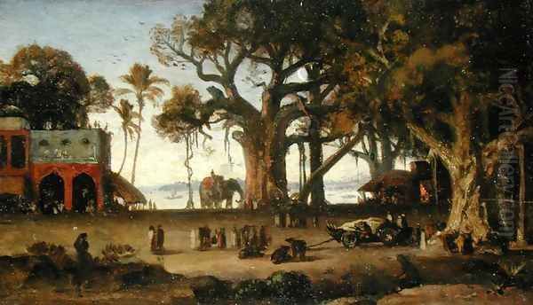 Moonlit Scene of Indian Figures and Elephants among Banyan Trees, Upper India (probably Lucknow) Oil Painting by Johann Zoffany