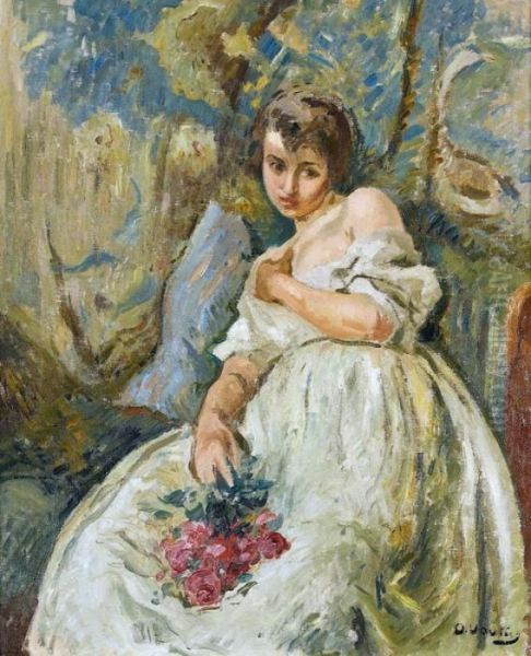 Sitzende Junge Dame Mit Einem Rosenstrauss Oil Painting by Otto Vautier