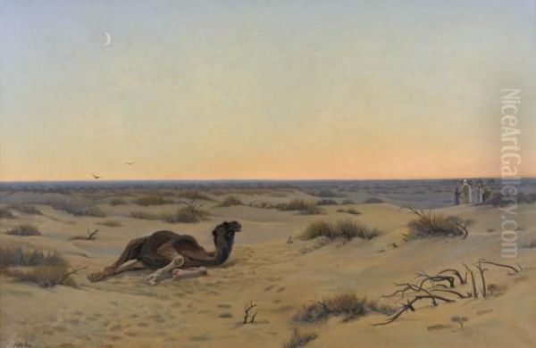 Wustenlandschaft Im Abendrot Mit Liegendem Kamel Oil Painting by Auguste Louis Veillon