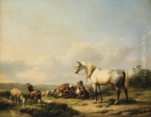 Le Repos Du Cavalier Oil Painting by Eugene Joseph Verboeckhoven