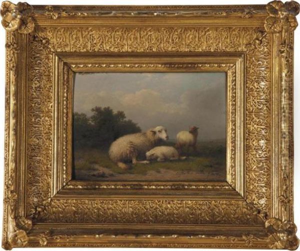 A Sheep And Lambs Resting In A Pasture Oil Painting by Eugene Joseph Verboeckhoven