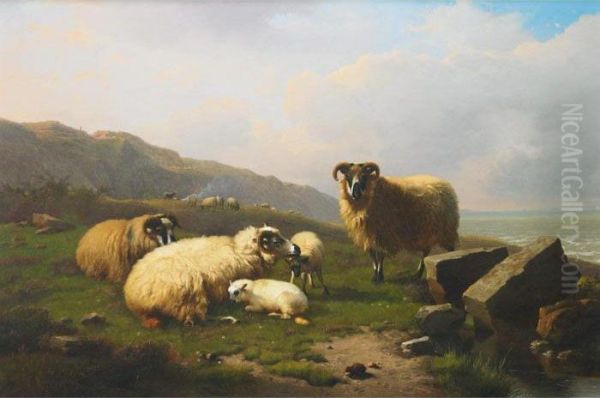 Sheep, Ewes And Lambs In A Pasture By The Sea Oil Painting by Eugene Joseph Verboeckhoven