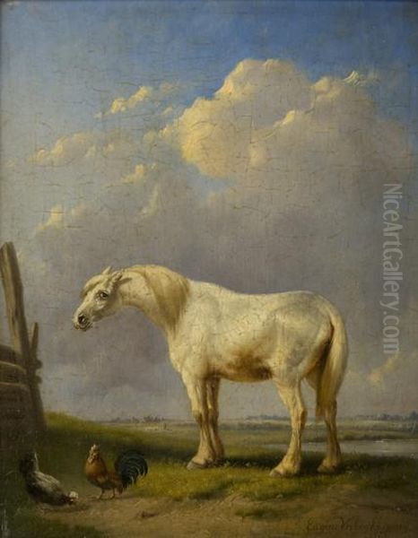 Cavallo Bianco E Due Galline In Un Paesaggio Di Campagna Oil Painting by Eugene Joseph Verboeckhoven