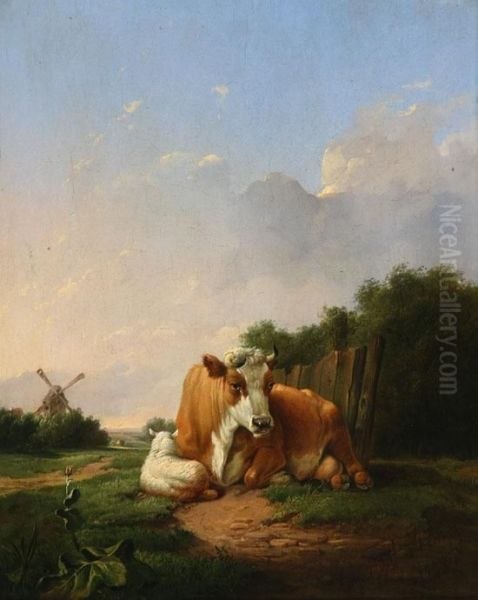 Cow And Sheep Resting In A Landscape With Windmill Oil Painting by Eugene Joseph Verboeckhoven