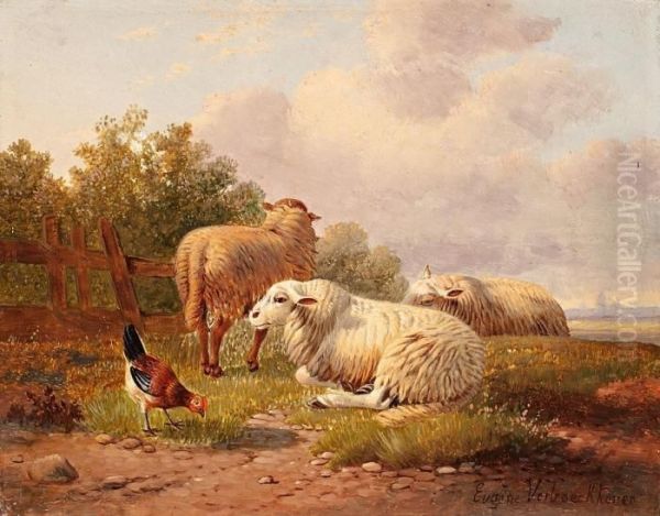 Paisaje Con Animales De Corral Oil Painting by Eugene Joseph Verboeckhoven