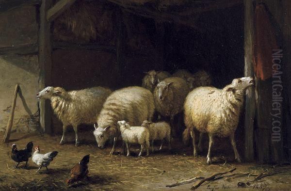 Moutons Et Poules Dans Une Etable Oil Painting by Eugene Joseph Verboeckhoven