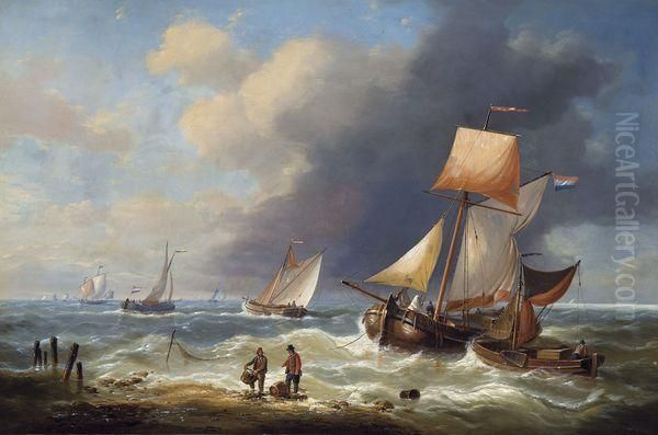 Bateaux De Peche Pres De La Plage Oil Painting by Louis Verboeckhoven