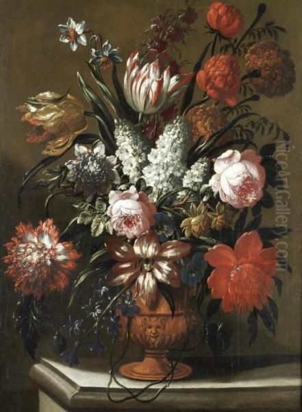 Roses, Tulips, Lilies And Other Flowers In A Terracotta Vase On A Stone Ledge Oil Painting by Caspar Pieter I Verbrugghen