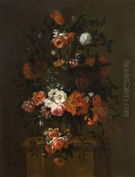 Deux Bouquets De Fleurs Sur Des Pilastres Oil Painting by Gaspar-pieter The Younger Verbruggen