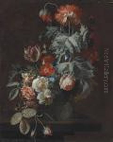 Carnations, Tulips, Roses, Morning Glory Oil Painting by Simon Pietersz. Verelst