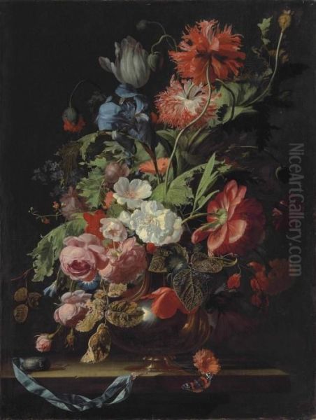 Roses, Tulips, Carnations, 
Poppies, Daisies, Morning Glories, An Iris And Other Flowers In A Silver
 Vase On A Stone Ledge Oil Painting by Simon Pietersz. Verelst