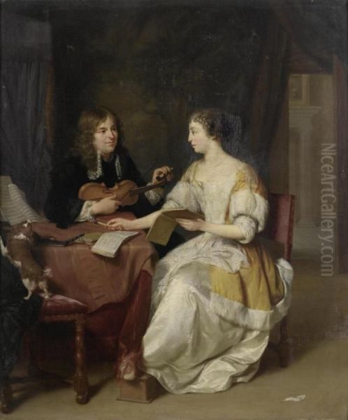 An Elegant Couple Making Music In An Interior Oil Painting by Jan Verkolje