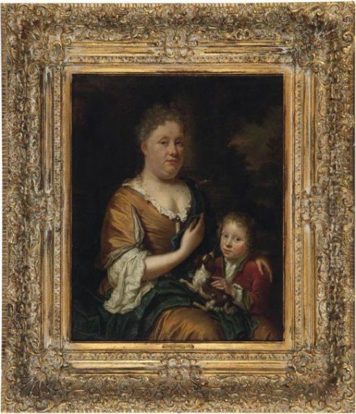 Portrait Of A Lady And Child Holding A Spaniel Oil Painting by Jan Verkolje