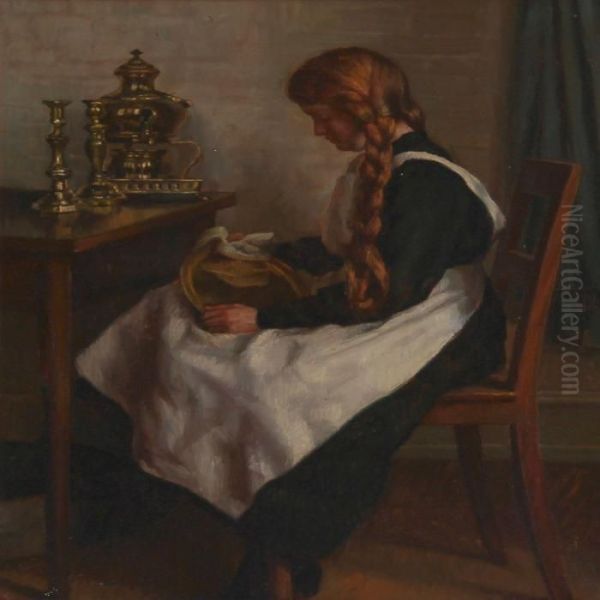 A Girl Polishing Brass Oil Painting by Sophus Vermehren