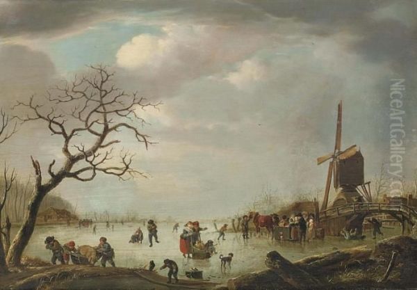 Patineurs Pres D'un Moulin Oil Painting by Andries Vermeulen