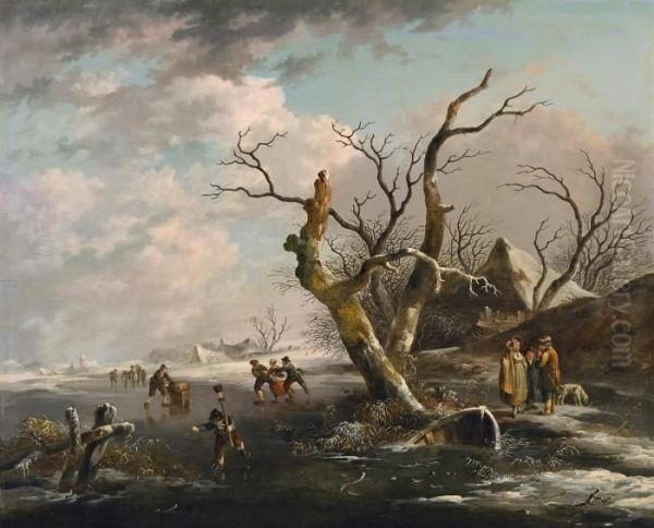 Winterlandschaft Mit Schlittschuhlaufern Und Spaziergangern Oil Painting by Andries Vermeulen