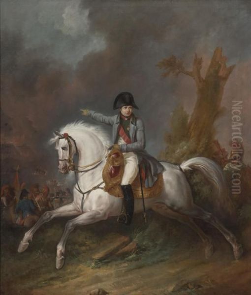 An Equestrian Portrait Of Napoleon With A Battle Beyond Oil Painting by Carle Vernet