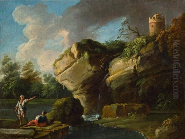 Fischerpaar In Felsiger Landschaft Oil Painting by Claude-joseph Vernet