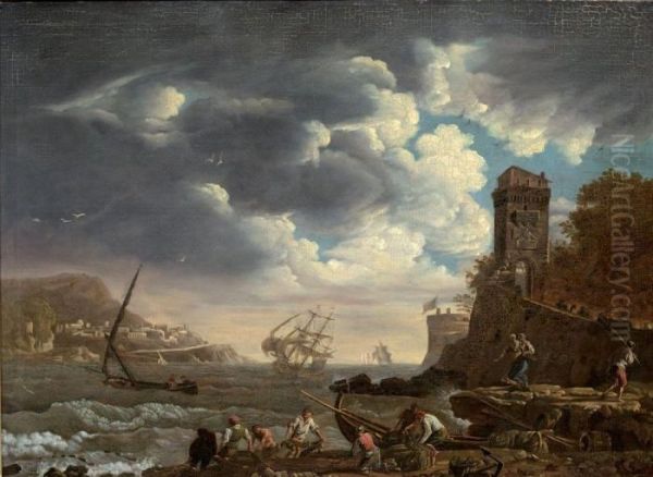 Haleurs De Filets Dans Un Port Mediterraneen Par Gros Temps Oil Painting by Claude-joseph Vernet