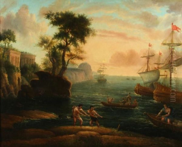 Coastal Scene With Figures Bringing Boat To Shore Oil Painting by Claude-joseph Vernet