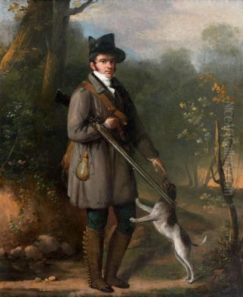 Portrait De Chasseur Avec Son Chien Dans Un Paysage Oil Painting by Jules Vernet