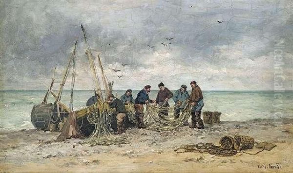 Fishermen Emptyingnets. Oil Painting by Emile Louis Vernier