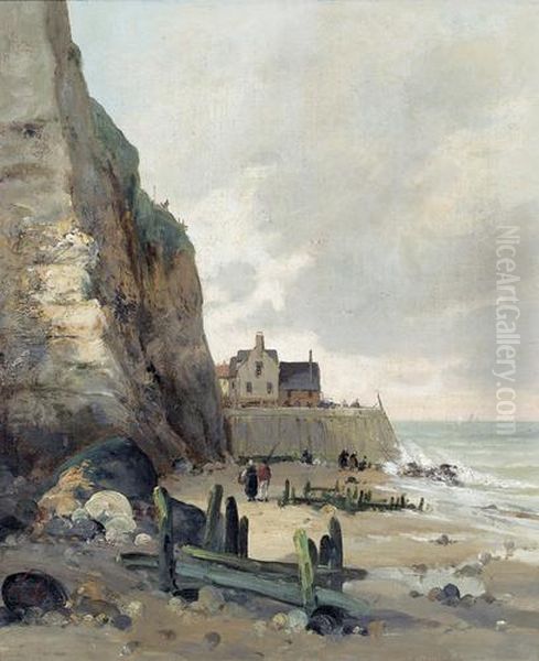 Felsige Kustenpartie In Der Normandie Mit Figurenstaffage. Oil Painting by Emile Louis Vernier