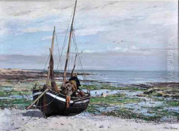 Barque Au Sec Sur La Cote Environsde Fecamp Oil Painting by Emile Louis Vernier