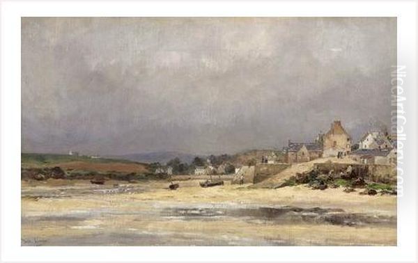 Temps Gris Sur Un Village Breton En Bord De Mer Oil Painting by Emile Louis Vernier